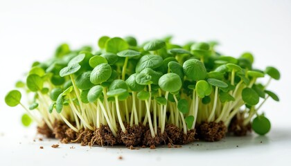 Close up photo of fresh microgreens. Young sprouts of basil plant with small green leaves grow from soil. Healthy eco food for vegan dishes.