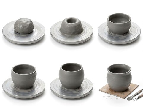 Pottery creation steps: a detailed sequence of shaping clay on a potter's wheel - Powered by Adobe