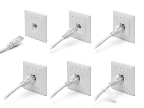 Connecting an Ethernet cable to a wall jack, step by step on white background