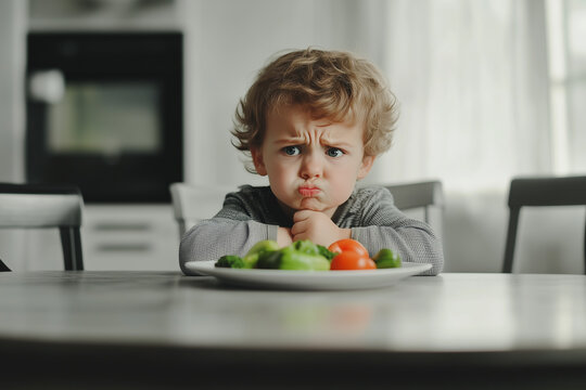 A young child with a pouty expression sits at a table with a plate of vegetables, appearing unhappy or displeased with the food.