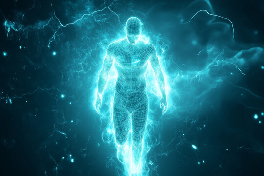 Human figure composed of glowing blue energy with electric sparks and lightning surrounding, appearing as a digital or sci-fi energy projection. - Powered by Adobe