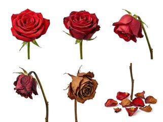 Red Rose Life Cycle: Fresh Bloom, Wilting Stages, Dried Flower, and Scattered Petals on White Background