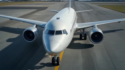 A large white commercial passenger jet taxiing on the airport runway, preparing for its flight. - Powered by Adobe