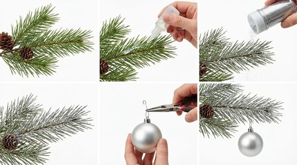 DIY Christmas Decoration Steps: Glittered Pine Branch with Silver Ornament