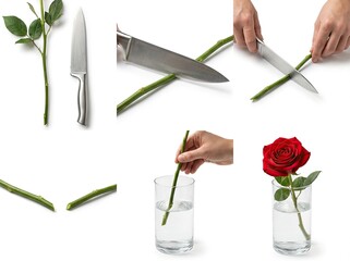 How to prepare a fresh cut rose stem for display in a vase with water, step by step