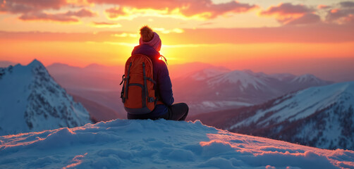 Woman with backpack sits on a snowy mountain top watching the sunset. She is enjoying a view during winter travel. Adventurous female at the peak admires sunrise in the evening.