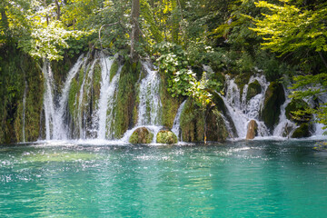 Waterfalls in the park, Beautiful summer landscape near the lake and waterfalls, Plitvice Lakes, Croatia