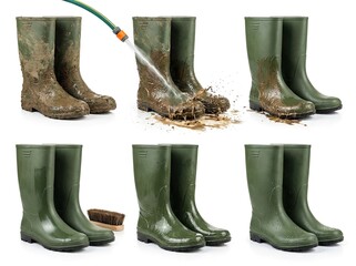 Obraz premium Process of cleaning muddy green rubber boots with a hose and brush on a white background.