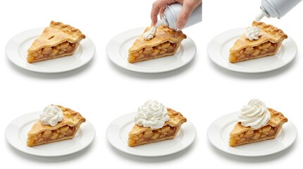 Process of topping an apple pie slice with whipped cream on a white background