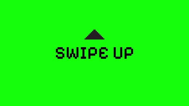 Swipe up icon in pixel art style on a bright green background. Ideal for game interfaces, app UI, and digital promotions to guide user interaction.