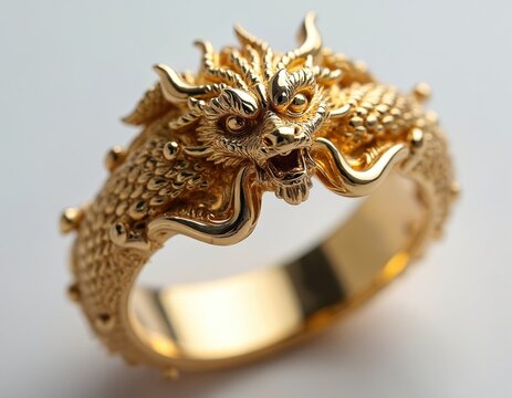 Intricate golden dragon ring displays fine detailed craftsmanship. Mythical beast design adorns finger band. Luxury jewelry piece power, strength, good fortune. Makes stylish fashion accessory, - Powered by Adobe