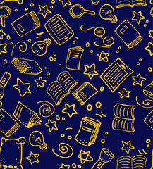 Seamless Pattern of Books, Lightbulbs, Magnifying Glass, Stars, and Flashlight on Blue Background