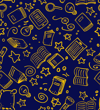 Seamless Pattern of Books, Lightbulbs, Magnifying Glass, Stars, and Flashlight on Blue Background