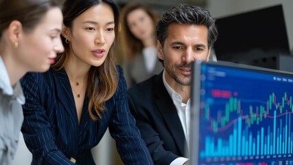 Business enterprise analytics team studies financial chart and discusses growth strategy with focused collaboration and confident expression focused - Powered by Adobe