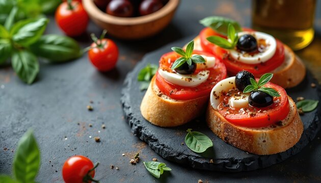 Three gourmet bruschettas on dark slate. Sliced tomatoes fresh mozzarella olives fresh basil top toasted bread. Appetizer served with cherry tomatoes olive oil.