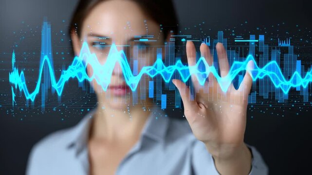 Business enterprise analytics woman touch hologram waveform data visualization futuristic interface touching glowing data waveform and bar chart