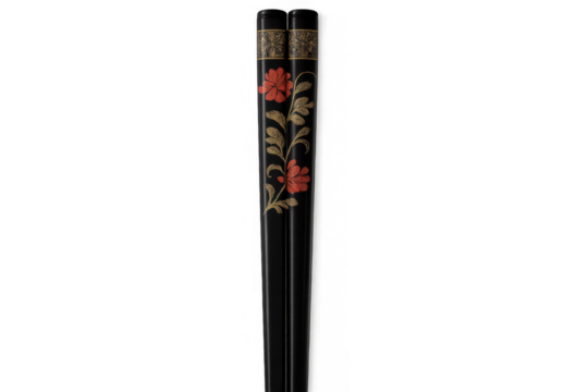 Decorated black chopsticks with floral pattern, showing asian culture, cuisine, and dining utensil on transparent background
