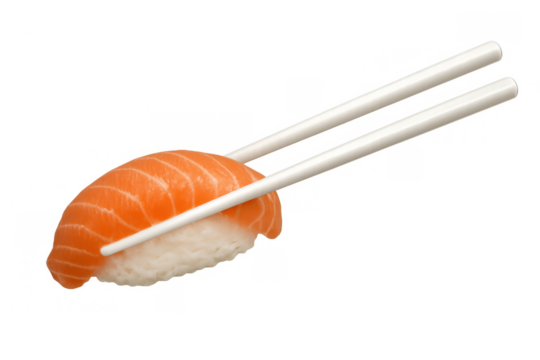 Salmon nigiri sushi being held by white chopsticks, ready to eat, traditional japanese seafood cuisine item on transparent background