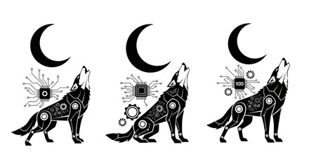 Striking cybernetic wolves howl at crescent moon symbolizing technological evolution and natural power, perfect for modern branding