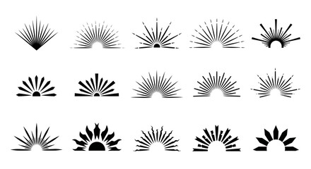 Diverse sunburst and sunrise graphic elements for modern design projects and branding, offering vibrant energy and a fresh start.