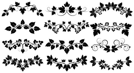 Elegant black vine and leaf decorative borders and flourishes evoke natural beauty and timeless design for versatile creative projects
