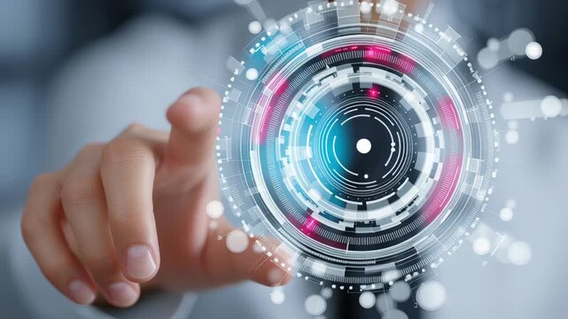 Business analytics enterprise futuristic touchscreen interface with circular data visualization dashboard and human hand interacting to deliver