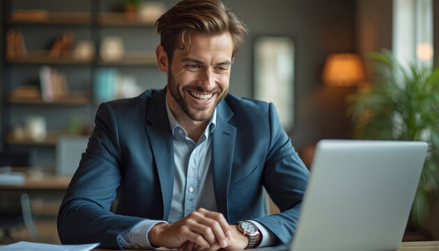 Handsome businessman smiles confidently at laptop in modern office. Young male pro happy working, enjoying positive online communication, video call. Entrepreneur achieving business success, - Powered by Adobe
