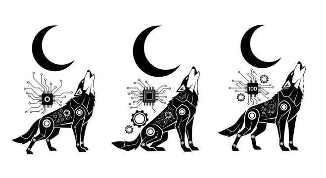 Striking cybernetic wolves howl at crescent moon symbolizing technological evolution and natural power, perfect for modern branding