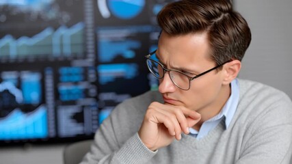 Business enterprise analytics focused businessman studying financial charts with thoughtful expression and contemplating data analysis strategy - Powered by Adobe