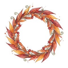 Autumn Leaf Wreath with Berries in Soft Pastel Tones Illustrated in Watercolor Isolated on White Background