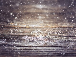 unanimity. Winter wooden surface with gentle snowfall, cold seasonal atmosphere. travel magazines, destination branding, designed for outdoor magazines and nature guides, inspires travel planning.