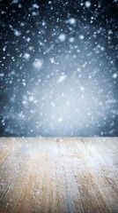 unanimity. Winter wooden surface with gentle snowfall, cold seasonal atmosphere. travel magazines, destination branding, designed for outdoor magazines and nature guides, inspires travel planning.