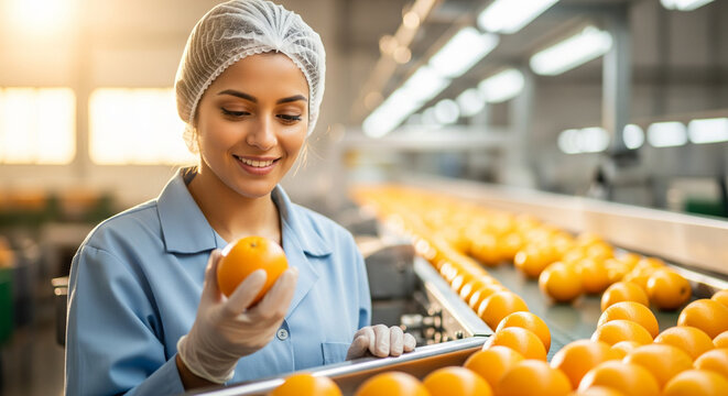 Smiling female worker in uniform inspecting fresh oranges on a sorting line in a fruit processing factory
