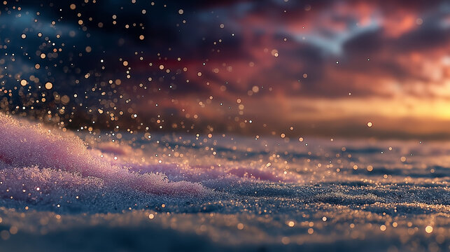 夕暮れの雪原に舞うキラキラした光の粒子