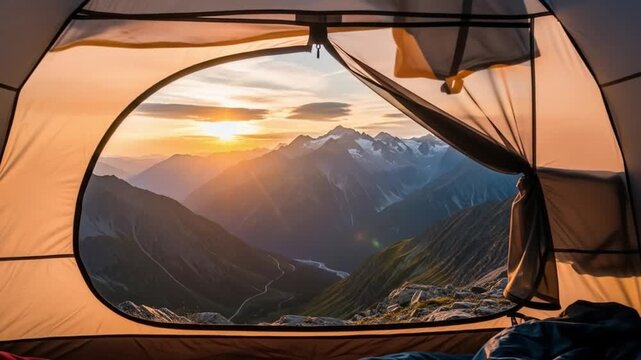 View from inside a tent showcasing mountains and a sunrise through the open tent flap
