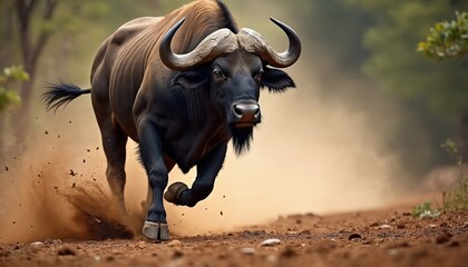 Powerful wild buffalo charges forward on dusty ground. Its massive horns and strong build convey raw energy and untamed nature. Green trees create a natural backdrop.