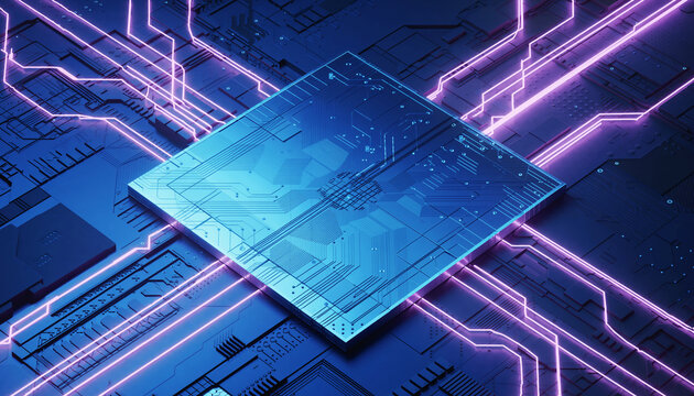 Futuristic AI microchip with glowing neon circuit board, blue and purple technology background