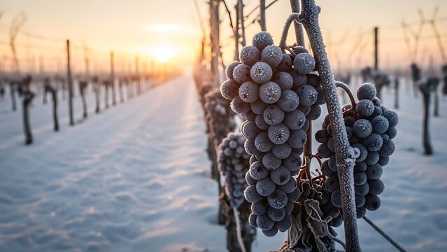 Frozen dark grape clusters covered in frost hanging on vine row in snowy vineyard at sunrise