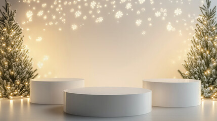 A winter holiday podium with snow-covered trees and lights. Perfect for showcasing products, gifts, or cosmetics in Christmas, New Year, and seasonal advertising