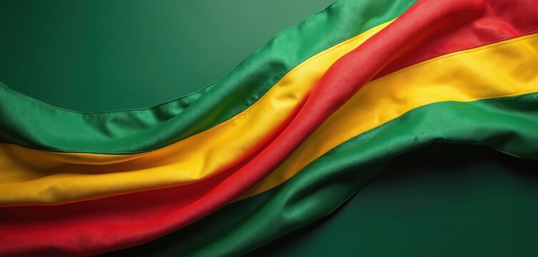 Red yellow green fabric banner waves smoothly on dark green backdrop. Fabric drapes with creases, folds. Colors symbolize African heritage culture, Black History Month, Juneteenth, remembrance,