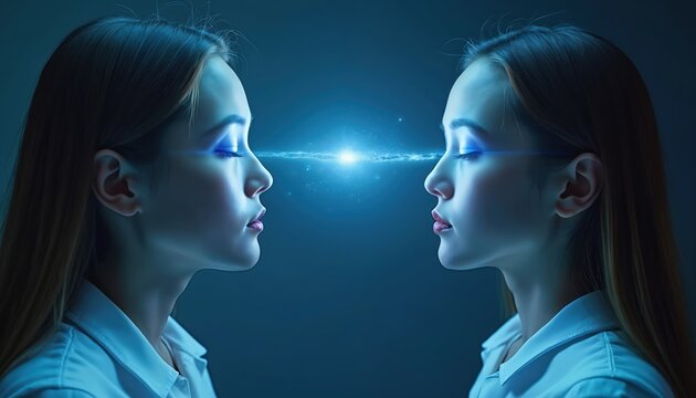 Two women profile view with eyes closed, blue light connects their foreheads. Brainwave sync, mind power, or telepathy concept. Calm, thoughtful mood.