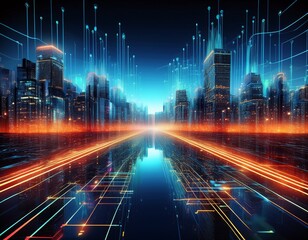 futuristic digital cityscape a vibrant abstract representation of a networked city with glowing lines and data streams interwoven within the urban structure