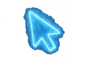 Blue neon glowing arrow cursor icon with digital particles, modern technology pointer, transparent background