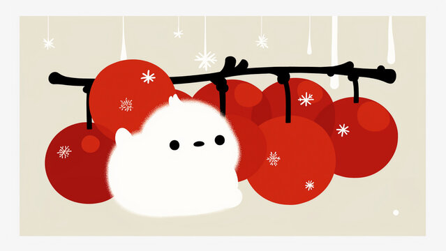 赤い木の実と雪だるまのような白いキャラクター