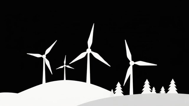 Black and white flat illustration of wind turbines on a hill, clean and simple lines representing renewable energy