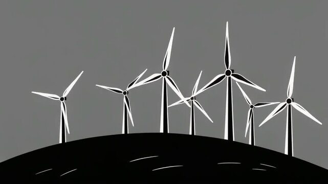 Black and white flat illustration of wind turbines on a hill, clean and simple lines representing renewable energy
