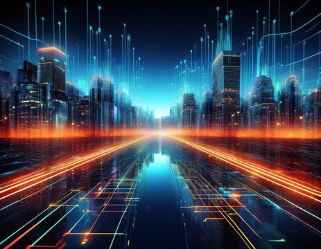 futuristic digital cityscape a vibrant abstract representation of a networked city with glowing lines and data streams interwoven within the urban structure