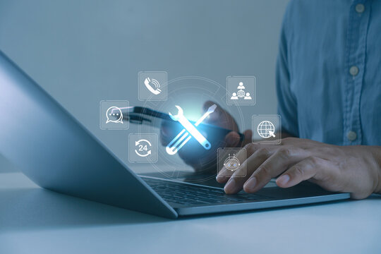 Customer relationship and service warranty quality assurance. Businessman remote service technical support client help call center business online technology button on virtual screen concept.