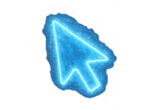 Blue neon glowing arrow cursor icon with digital particles, modern technology pointer, transparent background