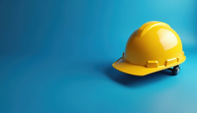 Yellow construction helmet on blue background. Protective hard hat safety, industry. Minimalist image for labor building concepts. Professional work gear. Essential site equipment. Bright protective - Powered by Adobe